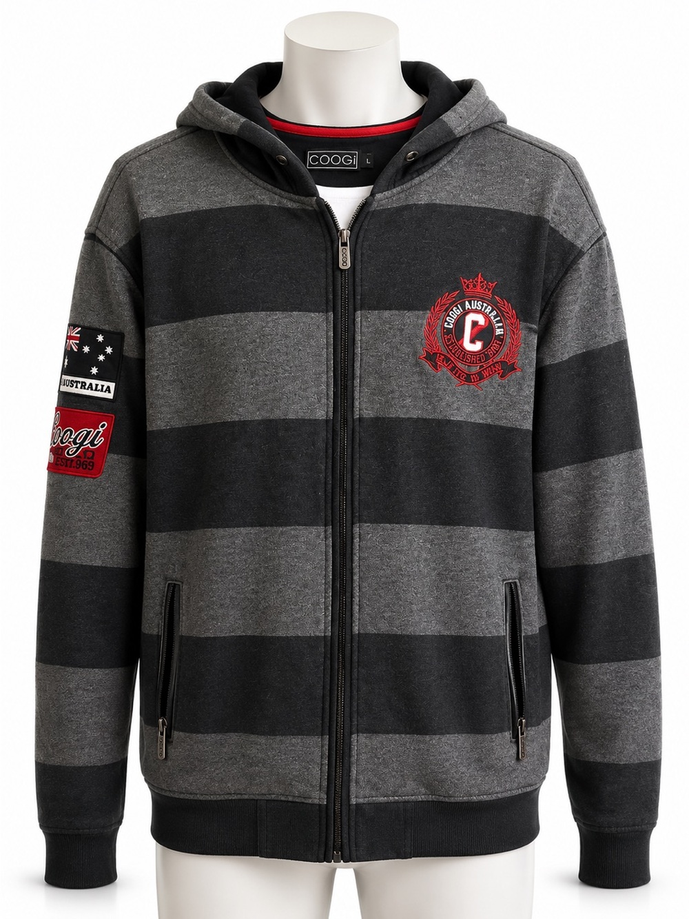 COOGI Australia Full Zip Hoodie XL Gray Black Striped Embroidered